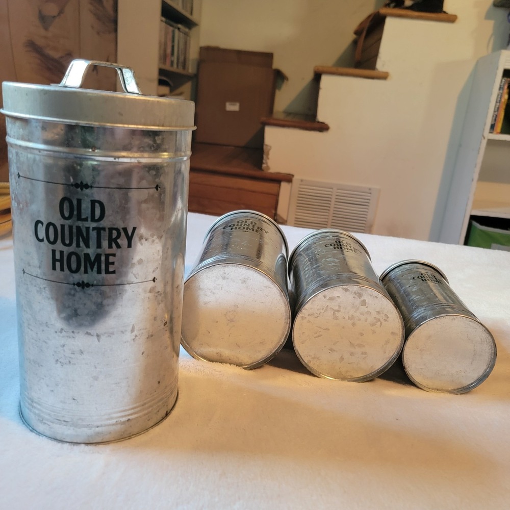 Old Country Home Metal Canister Set of 4, Silver, Twist Off Lids, Country Style - Picture 5 of 5